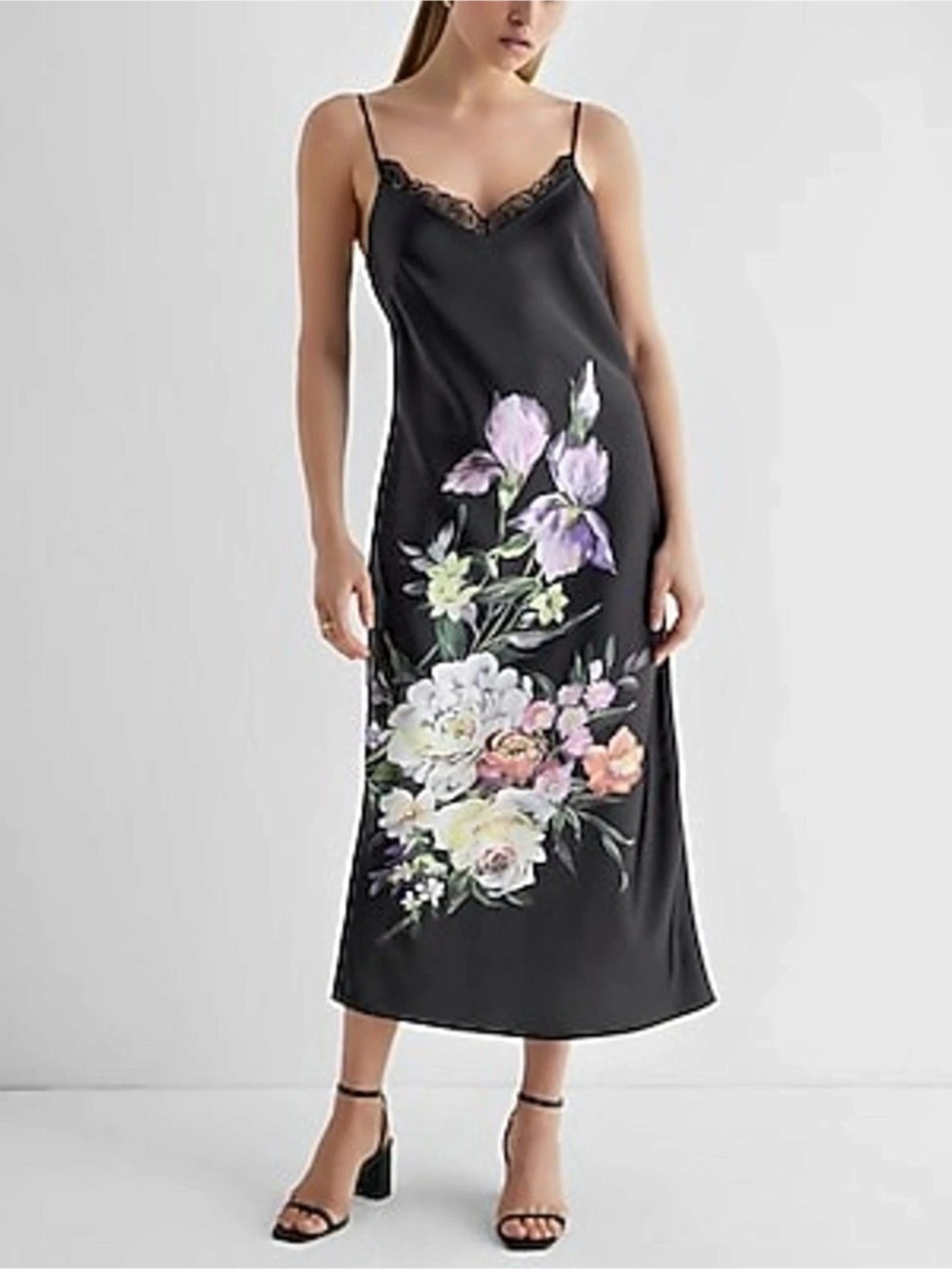 Express Satin Floral Lace Trim Midi Slip Dress Black & Pink Medium